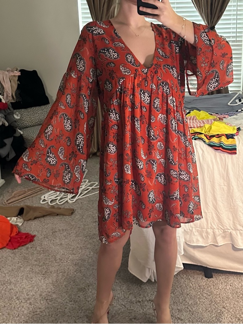 Boohoo Rust Orange Paisley Mini Babydoll Dress